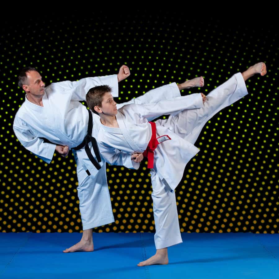 Martial Arts Lessons for Families in Aurora IL - Dad and Son High Kick