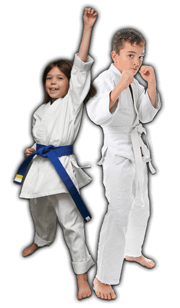 Martial Arts Lessons for Kids in Aurora IL - Happy Blue Belt Girl and Focused Boy Banner